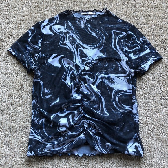 Caution To The Wind Mesh Top Women's XS Marble Print Ruched Front Short Sleeve - Picture 1 of 7